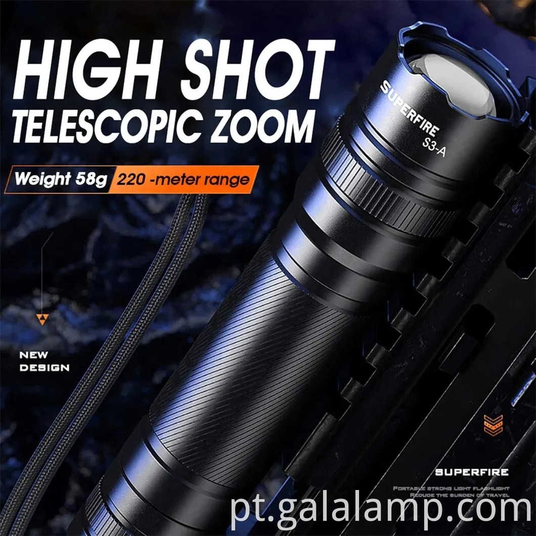 Mini lanterna, liga de alumínio S3-A, lanterna de iluminação externa com zoom variável